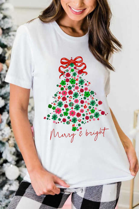 白色 Merry & Bright 花卉圣诞树图案 T 恤 LC25230195-1