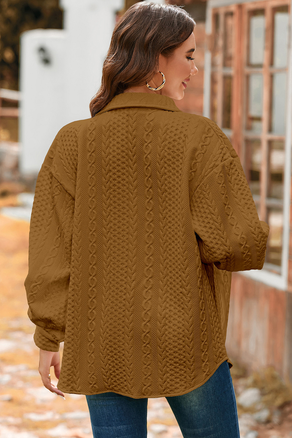 驼色麻绳纹理泡泡袖宽松上衣 LC2555155