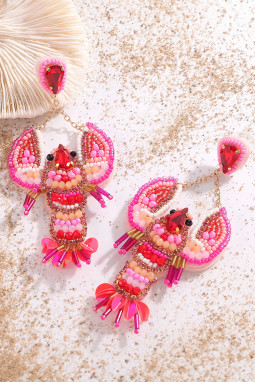 玫瑰红水晶宝石串珠小龙虾耳环