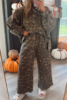 棕色豹纹毛缝拼布套头抽绳宽松长裤套装