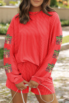 金色火焰亮片圣诞礼物贴片长袖上衣扭纹罗纹 2 件套短套装