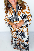 白色大码抽象印花撞色领开衩直筒长连衣裙