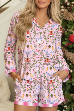 粉色圣诞假期印花胡桃夹子长袖短裤 2 件睡衣套装