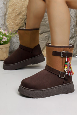 栗色色块拼布麂皮珠子流苏装饰冬靴