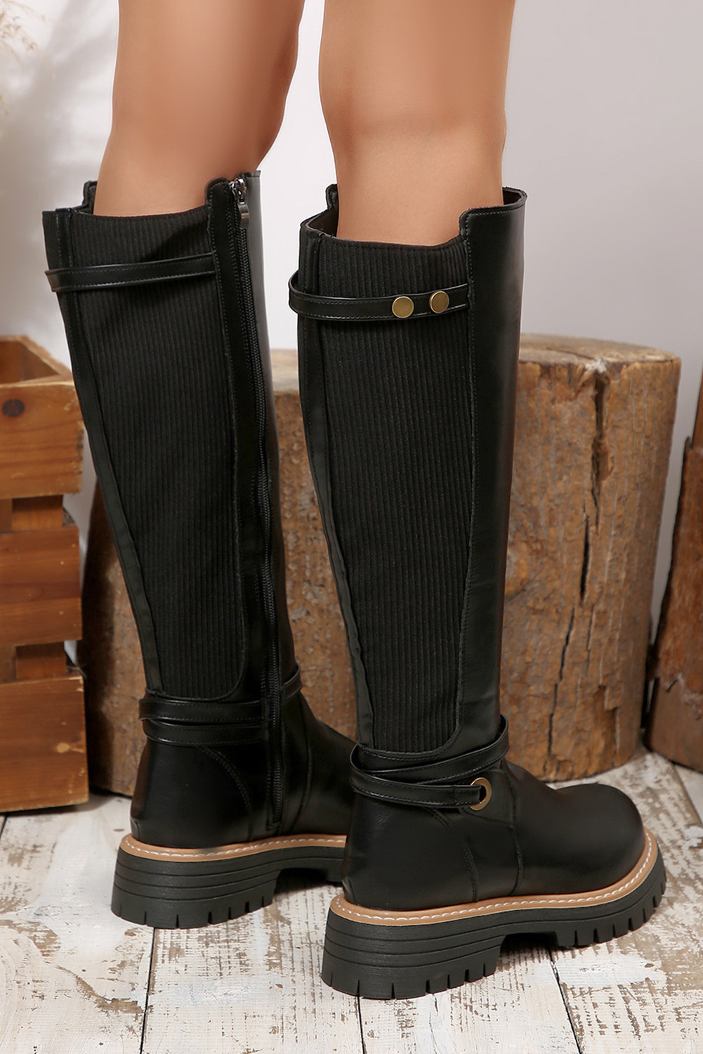 黑色 PU 皮革罗纹拼布铆钉带拉链及膝靴 BH023943