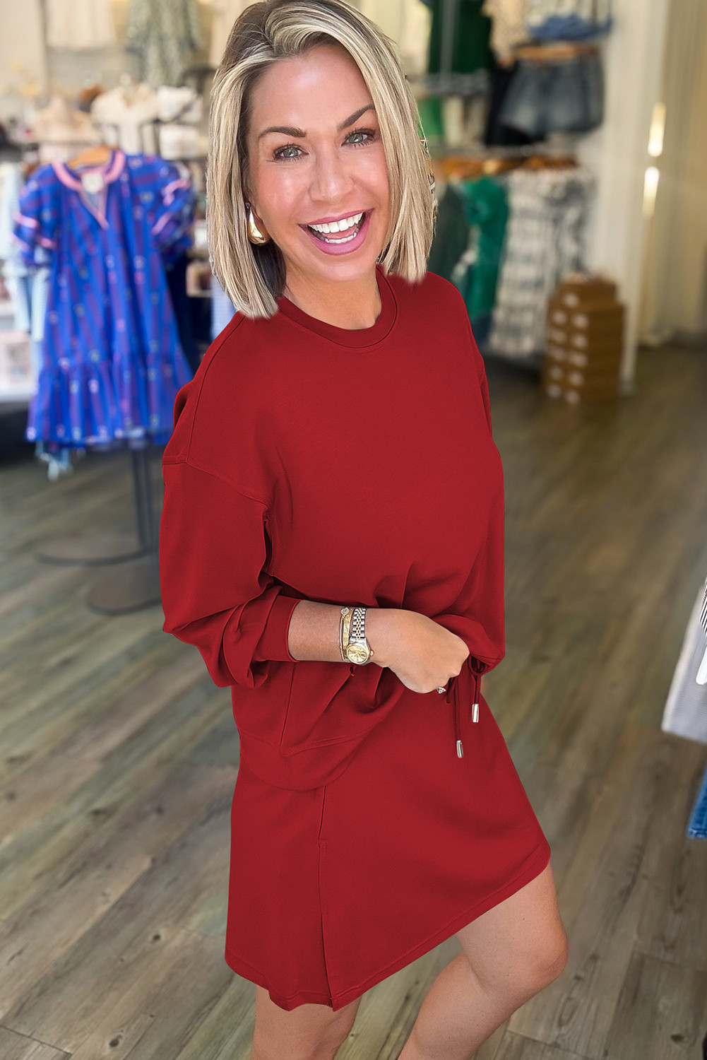 赛车红纯色落肩套头抽绳迷你裙 2 件套 LC631327