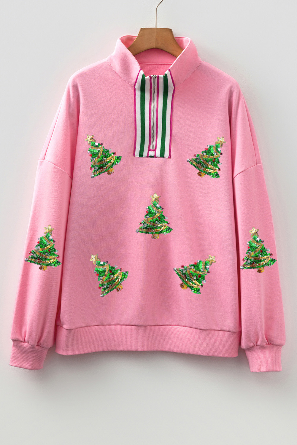 香袋粉色撞色拼布拉链领亮片圣诞树图案运动衫 LC25320954