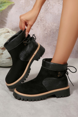 黑色纹理 PU 皮革人造绒面革拼接系带细节靴子