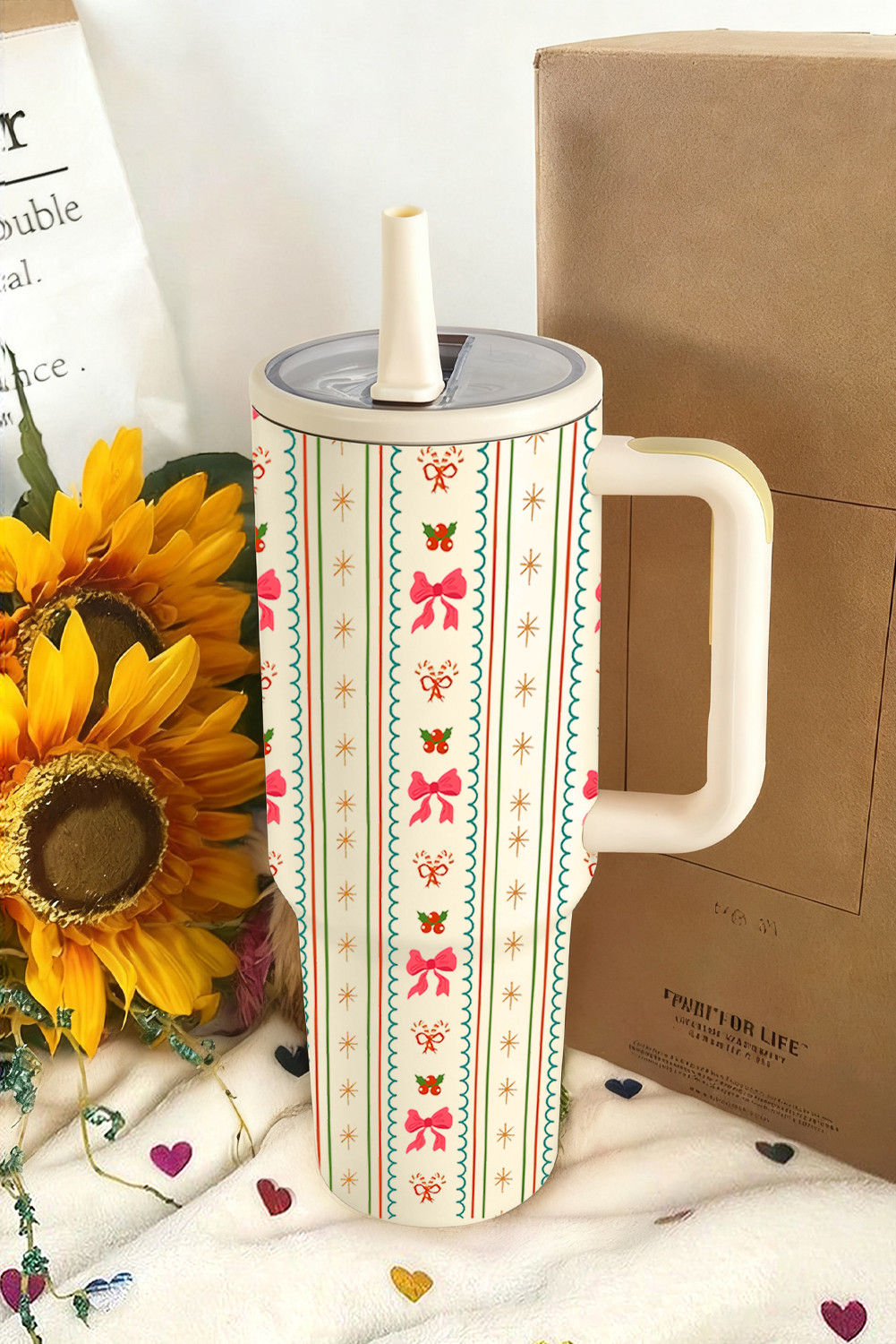 白色 Holly Jolly 蝴蝶结条纹印花翻盖吸管杯 BH051856