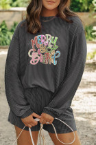 碳灰色扭纹罗纹 Merry & Bright 亮片图案长袖上衣 2 件短套装