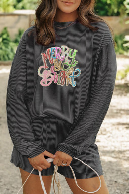 碳灰色扭纹罗纹 Merry & Bright 亮片图案长袖上衣 2 件短套装