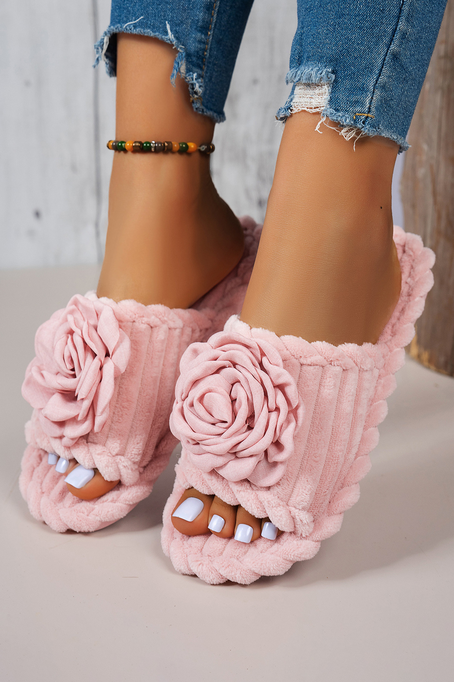 粉色纯色 3D 花卉装饰罗纹罗纹露趾拖鞋 BH024120