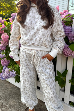 白色花卉印花休闲连帽衫抽绳慢跑裤套装