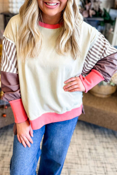 白色拼色条纹拼布 Dolman 开衩套头衫 LC25320607-P101