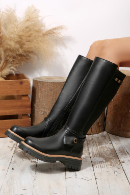 黑色 PU 皮革罗纹拼布铆钉带拉链及膝靴