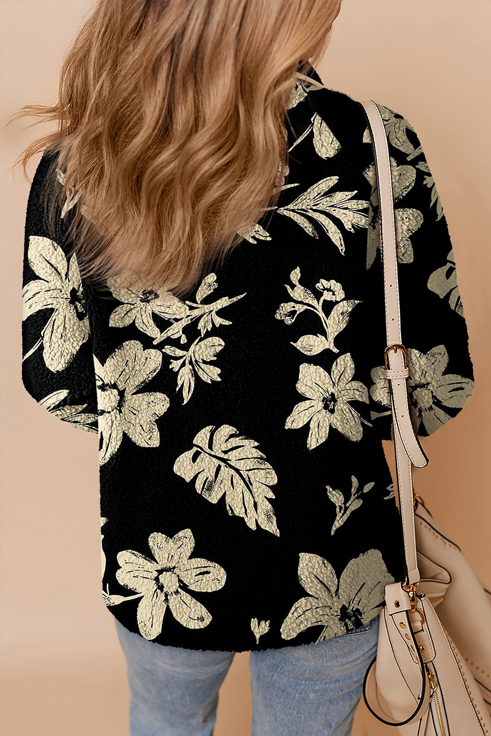 黑色花卉印花纽扣立领抓绒夹克 LC8513275