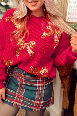 火红色亮片蝴蝶结落肩节日毛衣