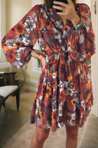 红色花卉印花裹身 V 领泡泡袖飘逸迷你连衣裙