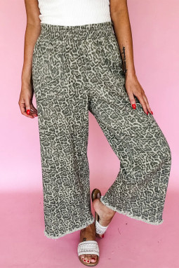 棕色豹纹毛边下摆松紧腰宽松套穿牛仔裤