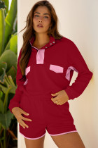 红色大丽花色块拼布半纽扣套头衫和短裤 2 件套服装