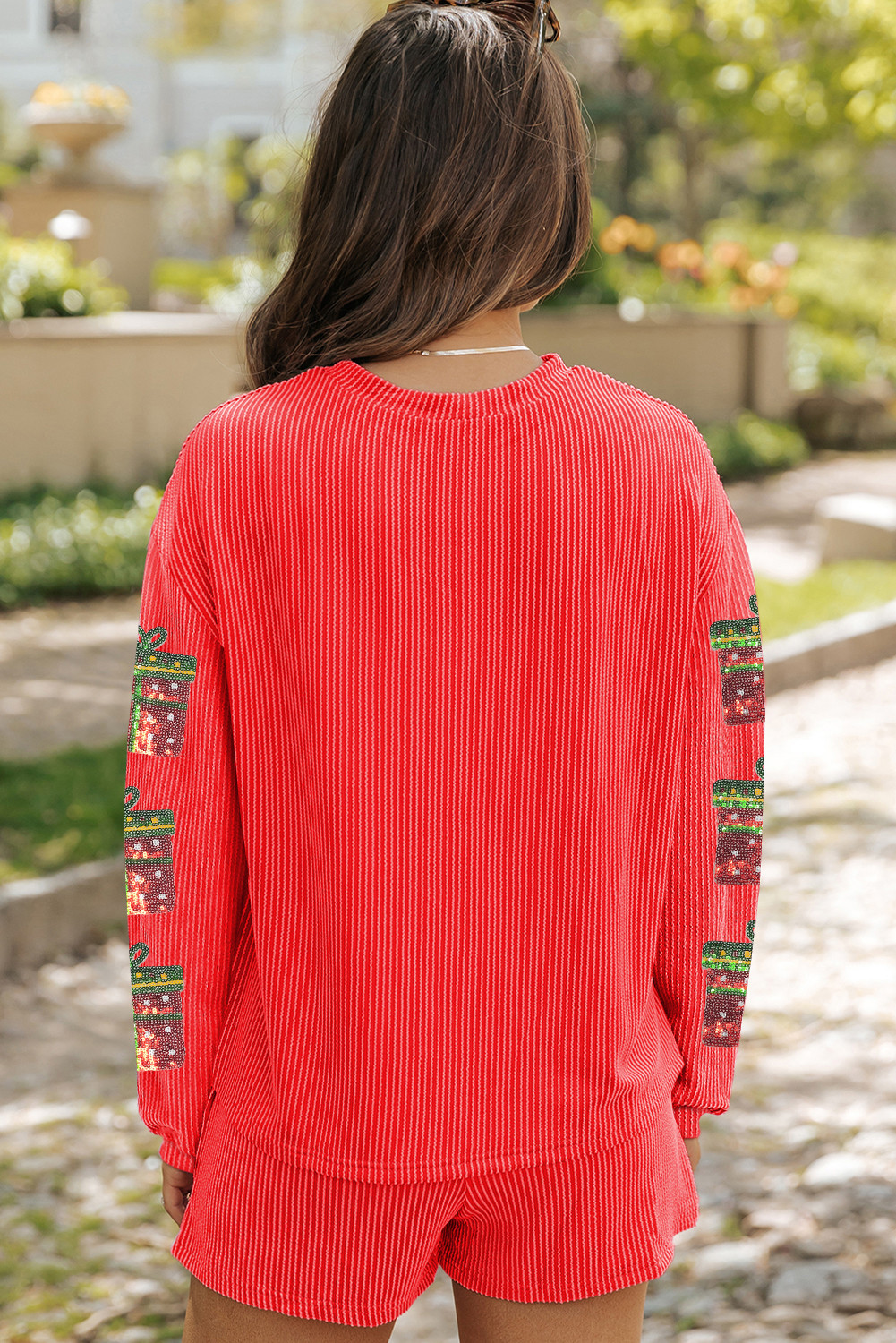 金色火焰亮片圣诞礼物贴片长袖上衣扭纹罗纹 2 件套短套装 LC628688