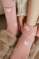 粉色撞色心形印花罗纹袖口女式圆袜