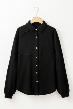 黑色华夫格针织拼布外露接缝宽松上衣