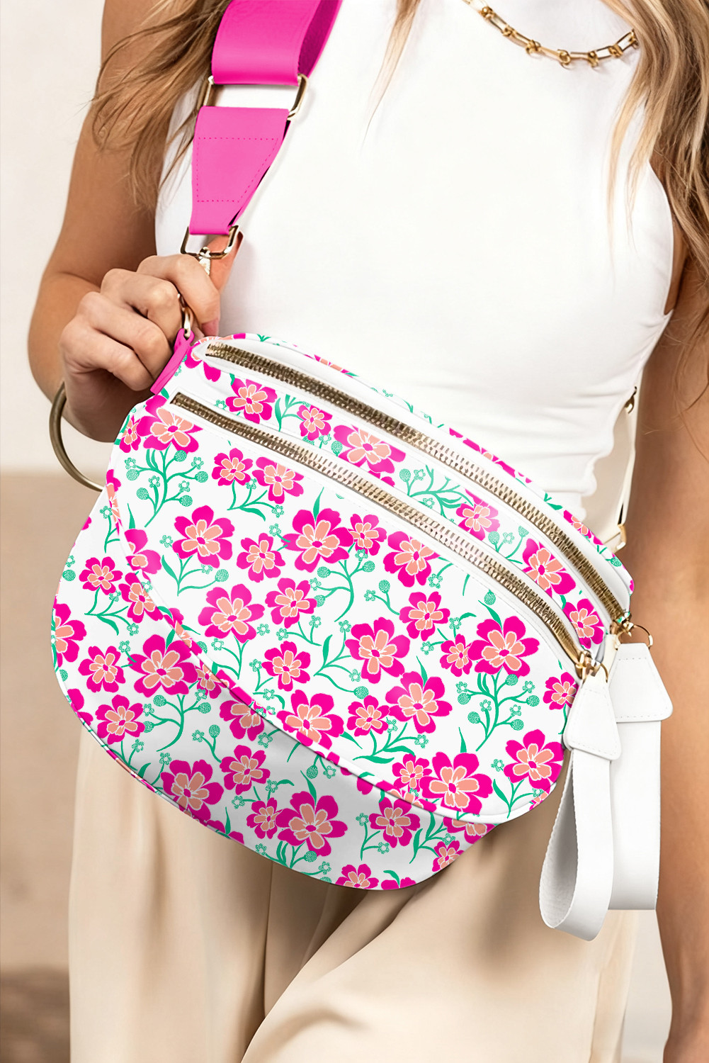 白色花卉印花双拉链斜挎包 BH031462