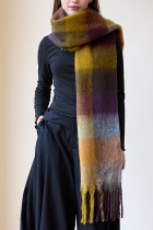 米色格纹渐变流苏羊毛披肩围巾