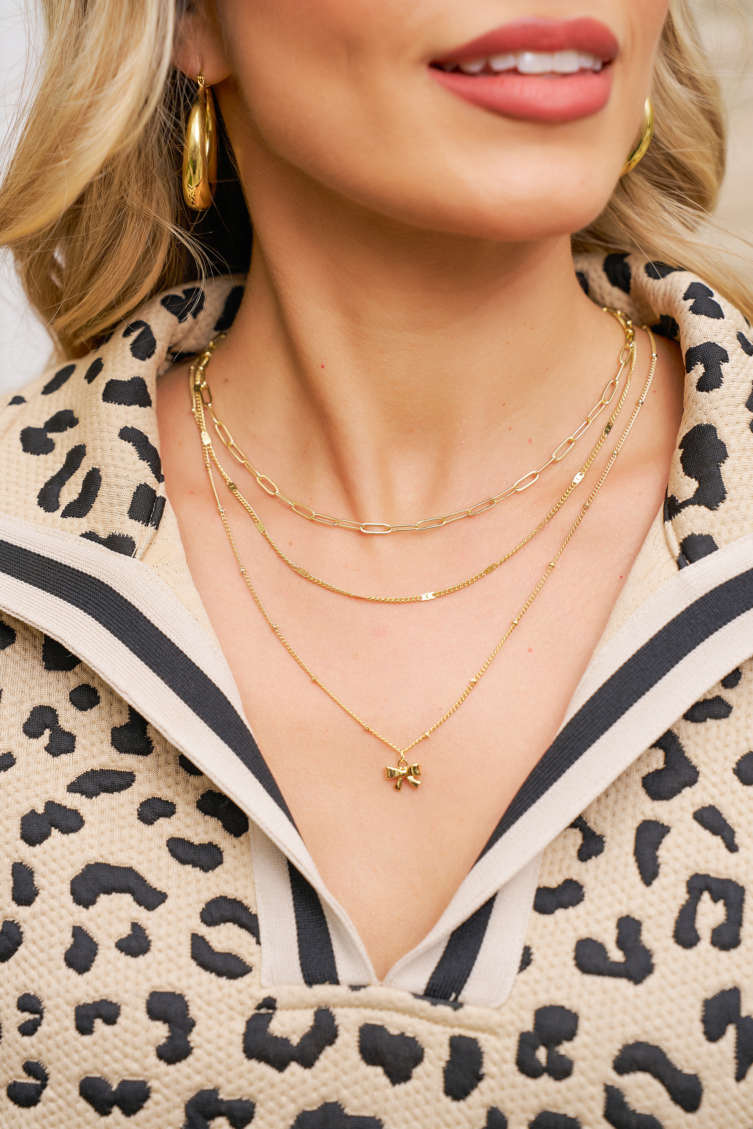 镀金时尚回形针链蝴蝶结吊坠 3 件项链套装 BH014613