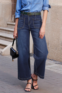 航海蓝色简约贴袋女式直筒牛仔裤