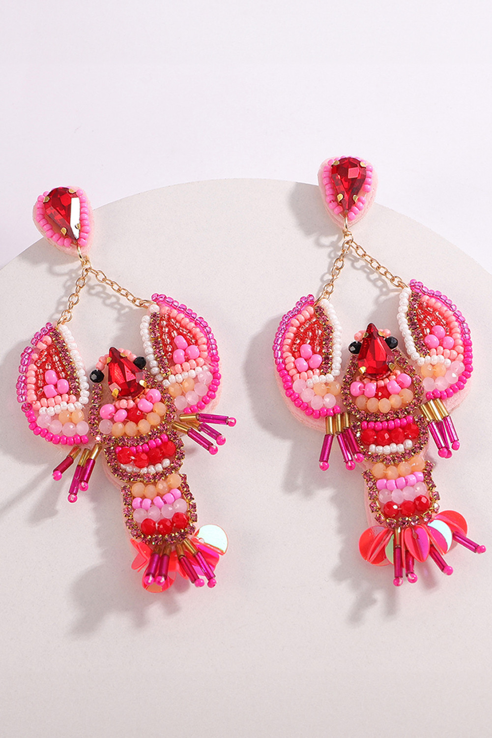 玫瑰红水晶宝石串珠小龙虾耳环 BH014618
