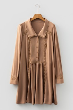 草黄色蕾丝边彼得潘领长袖迷你衬衫连衣裙