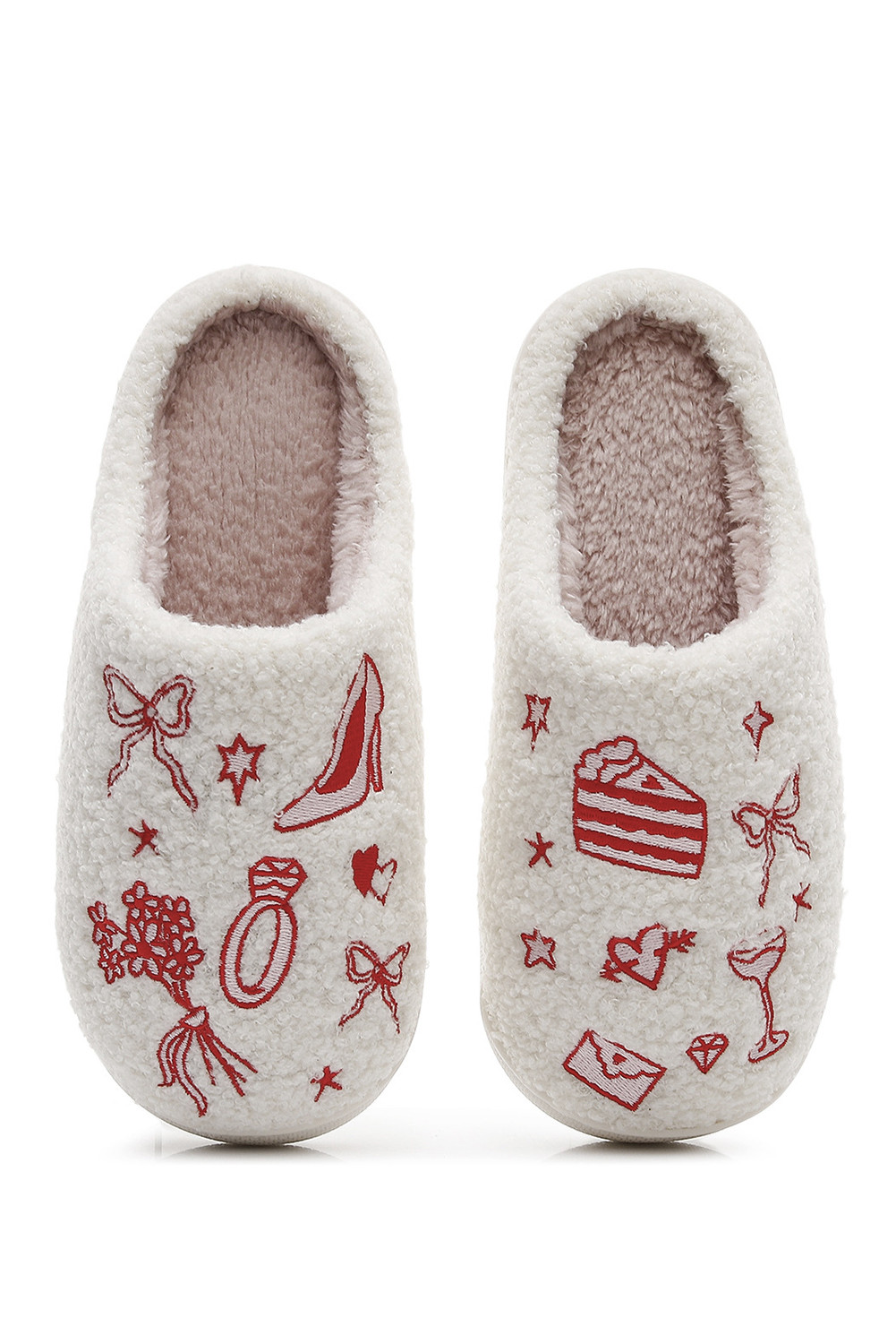 火红毛绒不对称婚礼涂鸦刺绣拖鞋 BH024109