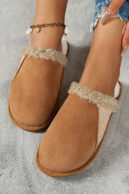 驼色人造绒面革色块拼接夏尔巴毛绒衬里拖鞋