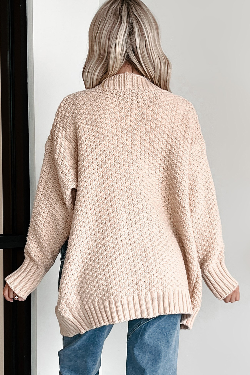 烟灰色前开襟针织牛仔口袋拼布开衫 LC2712321