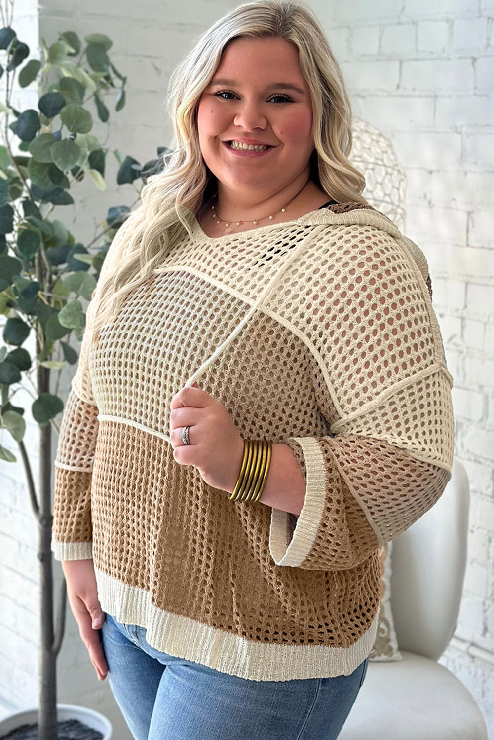 羊皮纸拼色镂空针织加大码连帽毛衣 PL272558