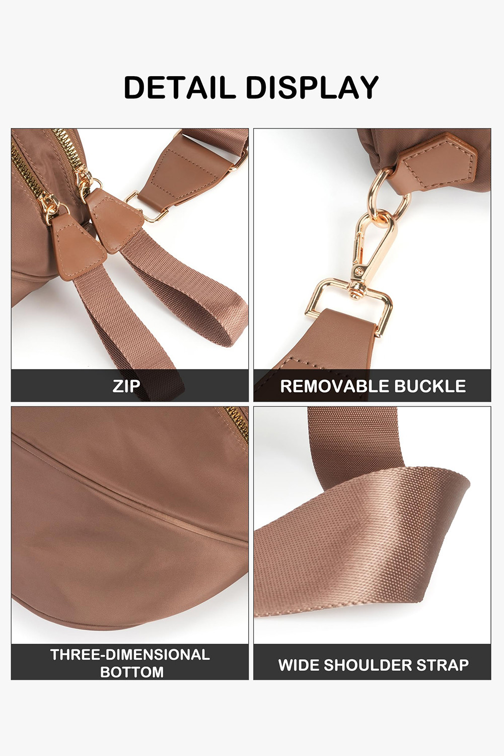 驼色双拉链月牙形可调节单肩包 BH031437