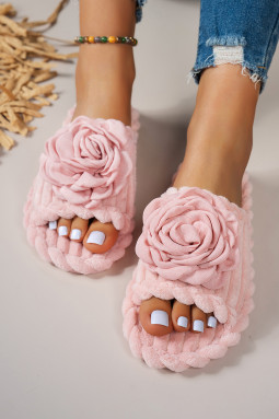 粉色纯色 3D 花卉装饰罗纹罗纹露趾拖鞋