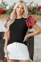 黑色格子珍珠荷叶边短袖松散的T恤