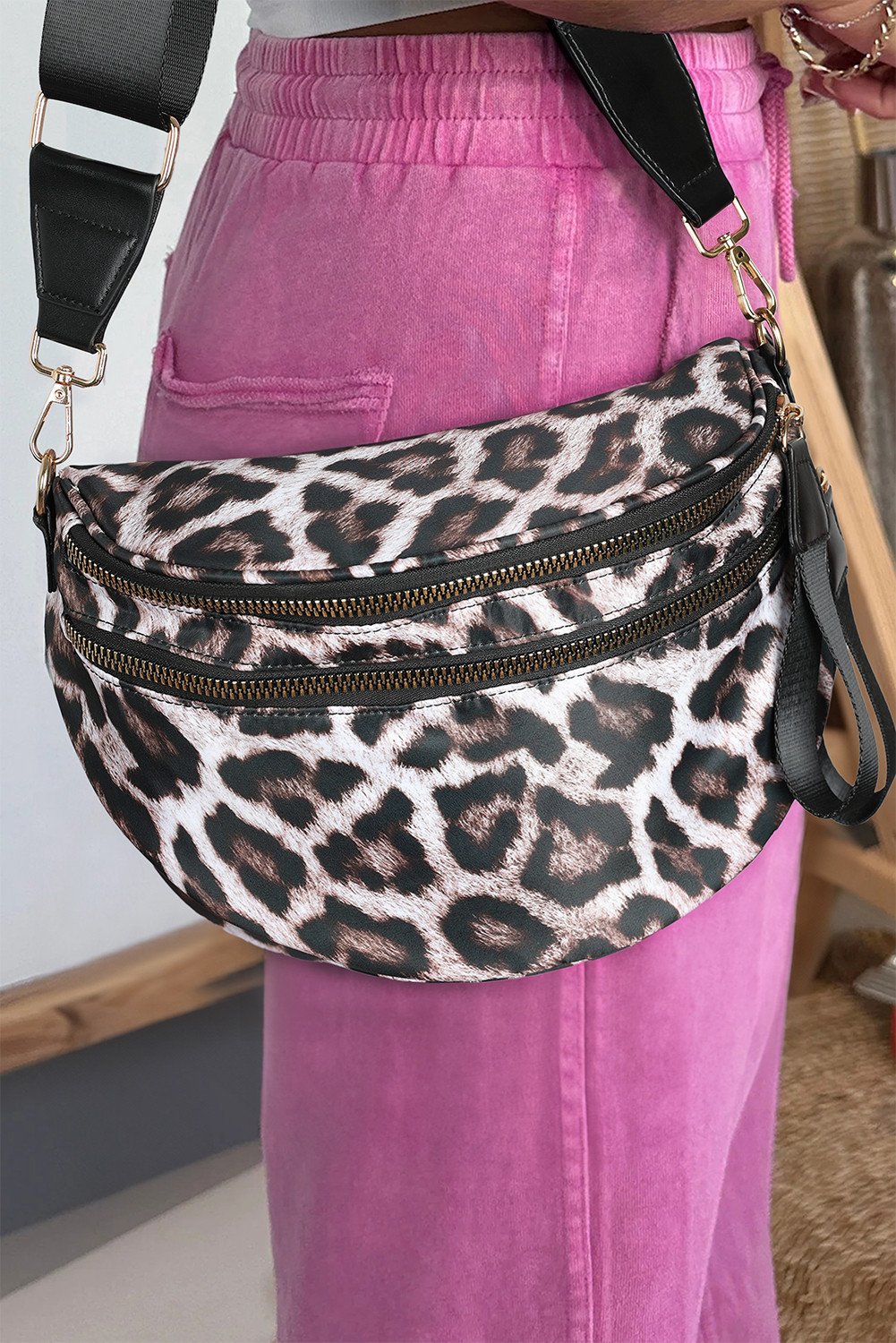 咖啡迷彩印刷金链带双拉链越野袋 BH031447