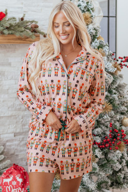 粉红色胡桃夹子三月长袖按钮上升2件睡衣短套件