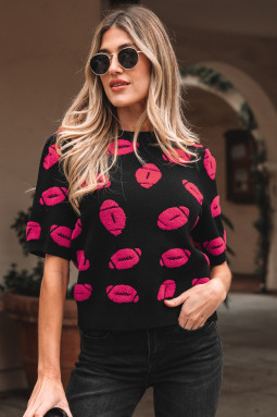 黑色橄榄球印花休闲针织短袖毛衣