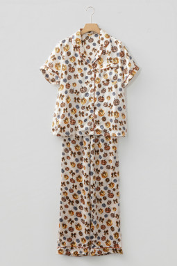 米色豹纹南瓜Allover万圣节2件睡衣套装