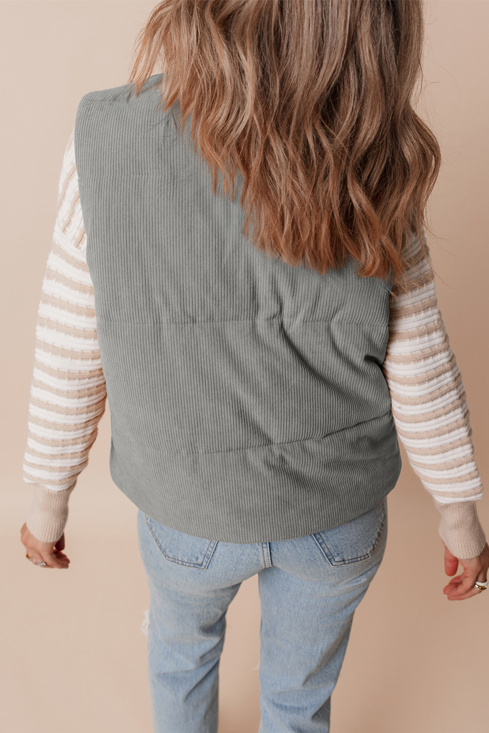 灰色的灯芯绒支架脖子拉链河豚背心 LC856209