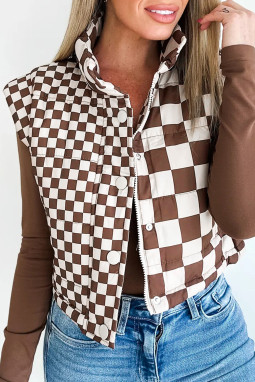 棕色双格纹立领短款羽绒马甲