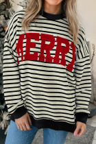 白色条纹撞色 MERRY 字母圣诞印花落肩套头衫
