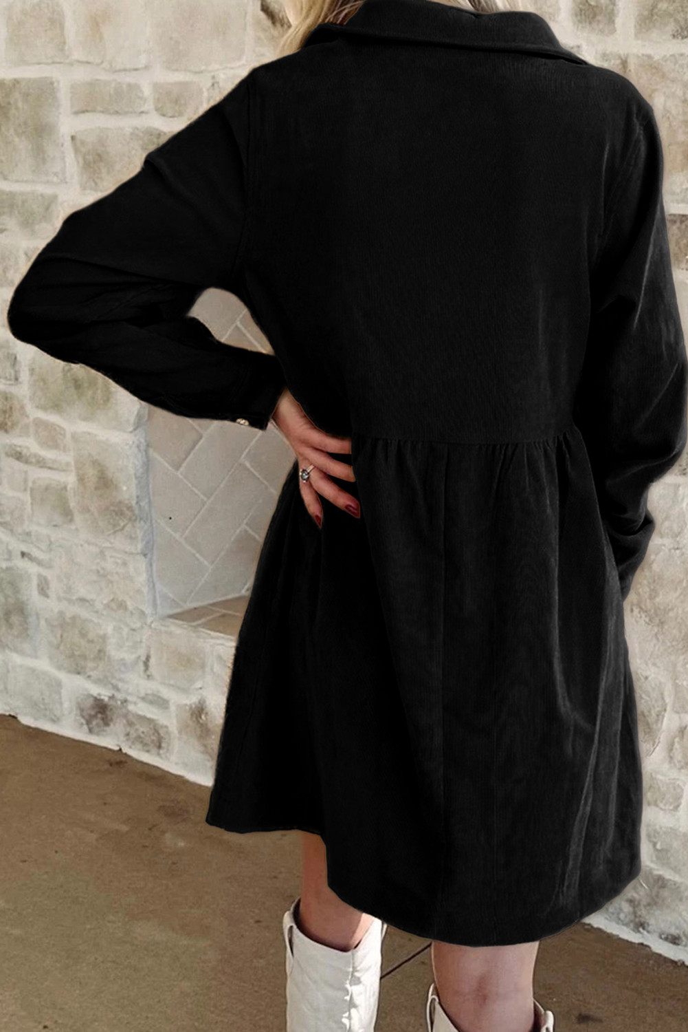 黑色微光圣诞树贴片图案半纽扣长袖连衣裙 LC6127506