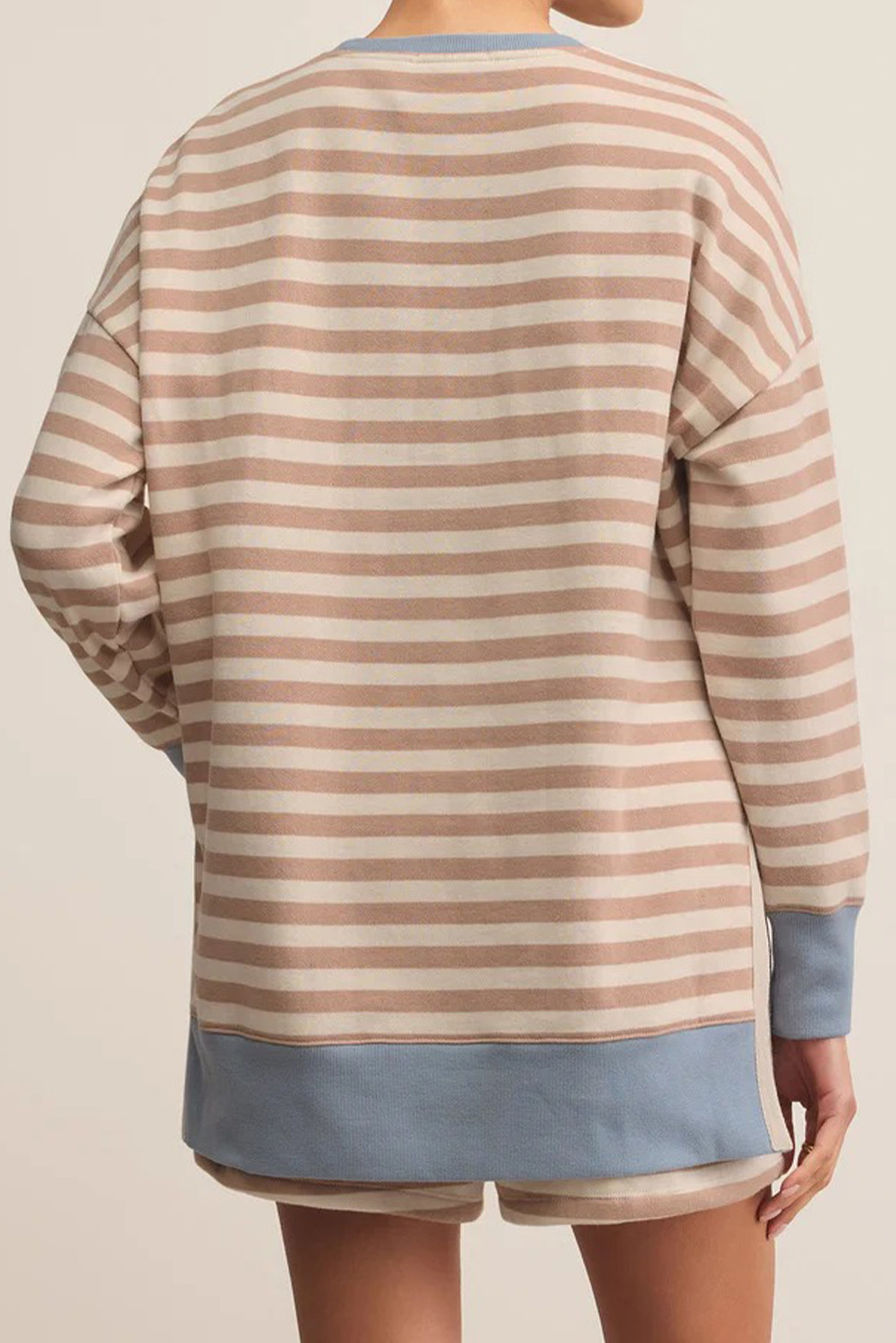 卡其色条纹拼色超大套头衫 2 件短裤套装 LC628426