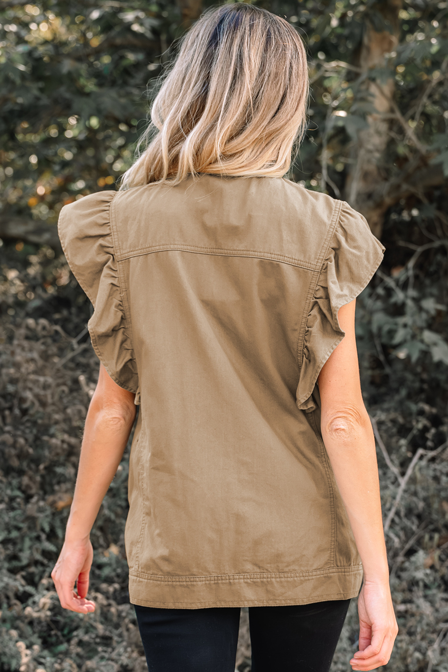 淡卡其色荷叶边拼布牛仔夹克背心 LC790185